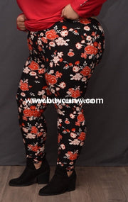 Leg/cp-Black Leggings With Red & White Floral Print