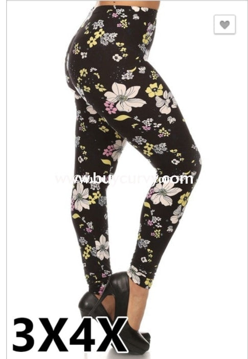 BIN 98 Black Leggings with White,Yellow & Pink Floral Print PLUS SIZE ...