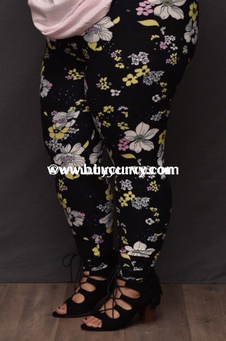 BIN 98 Black Leggings with White,Yellow & Pink Floral Print PLUS SIZE ...