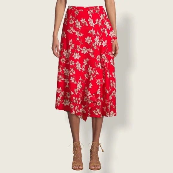 BT-G  M-109 {Calvin Klein} Red Floral Ruffle Trim Skirt RETAIL 99.50 PLUS SIZE 24W