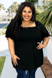 20 SSS-B {Mercy For Me} Black Smocked Babydoll Top PLUS SIZE XL 2X 3X