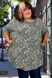 45  PSS-A {Naturally Cool} Charcoal Paisley Print Top EXTENDED PLUS SIZE 3X 4X 5X