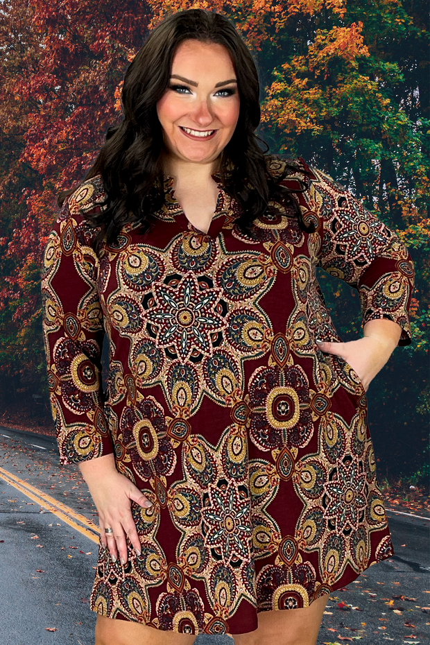 78 PQ-B {Not So Ordinary} Burgundy Print Dress PLUS SIZE 1X 2X 3X