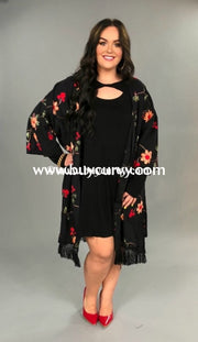 Ot-A Overcome The Day Black Floral Long Cardigan W/ Fringe Outerwear