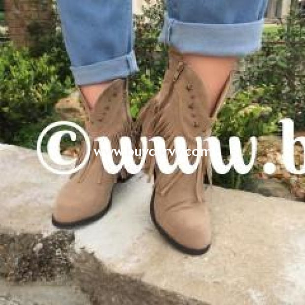 Shoes-Beige Cowboy Style Boots With Star Studs & Fringe Detail Sale! Shoes