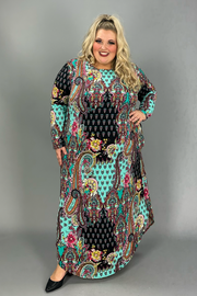 LD-N {Strolling By} Multi-Color Paisley Long Sleeve Maxi Dress EXTENDED PLUS SIZE 3X 4X 5X