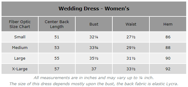 TrYptiX Fiber Optic Women's Wedding Dress Size Chart