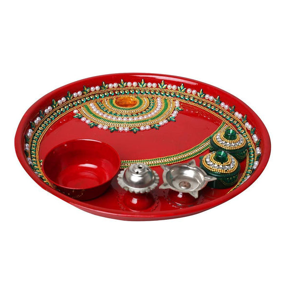 Handcrafted Red Pooja Thali Plate Platter Engagement 1