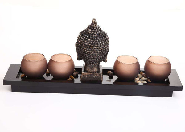 Buddha Head Ornament Statue Candle Holders Gift Set 2