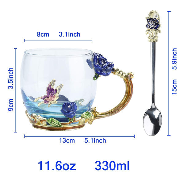 Glass Coffee Mugs with Spoon Enamel Butterfly Rose Flower Tea Cups with  Decorative Handle Tea Sets for Women Gift 