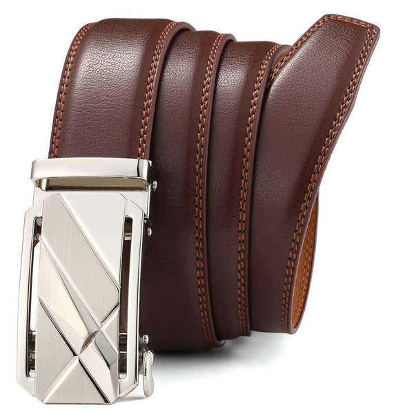 Mens Leather Belt with Automatic Buckle Brown Adjustable 3