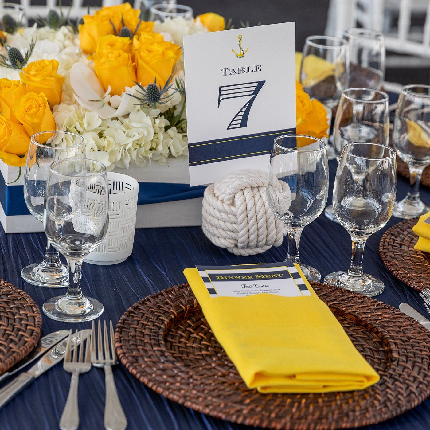 blue and yellow wedding decor