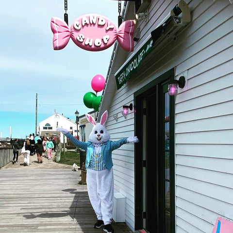 the easter bunny at the candy shop in Mystic