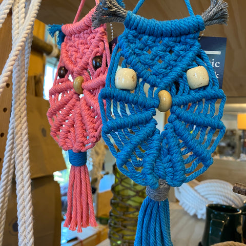 some colorful macrame owls