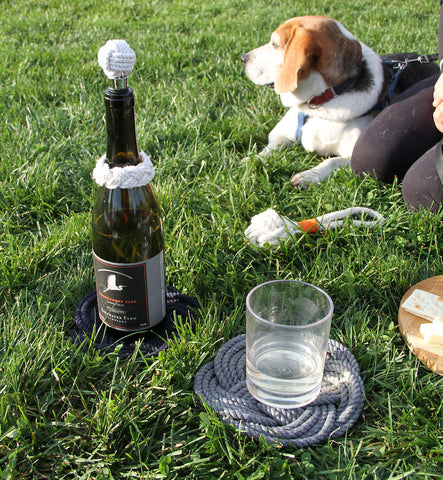 picnic scene with dog and trivet