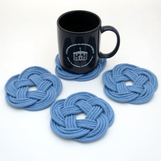 Nautical Knot Sailor Knot Coasters, woven in Blue Cotton , Set of 4 handmade at Mystic Knotwork
