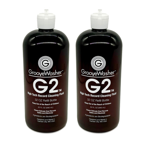 G2 Record Cleaning Solution close up of two 32oz refill bottles