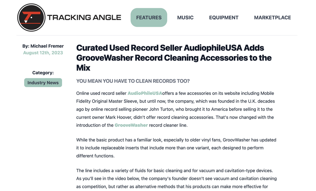 Tracking Angle introduces AudiophileUSA's launch of GrooveWasher