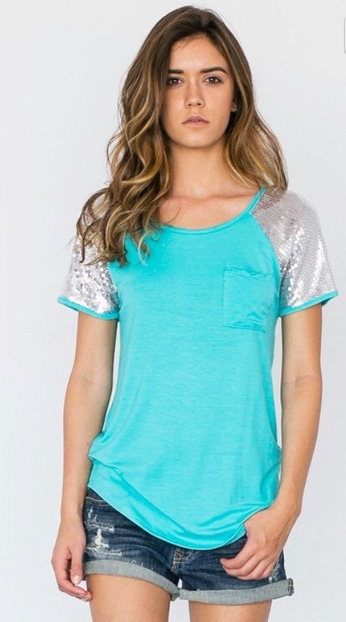 Short Sleeve Mint Pocket Tee with Silver Sequin Sleeve