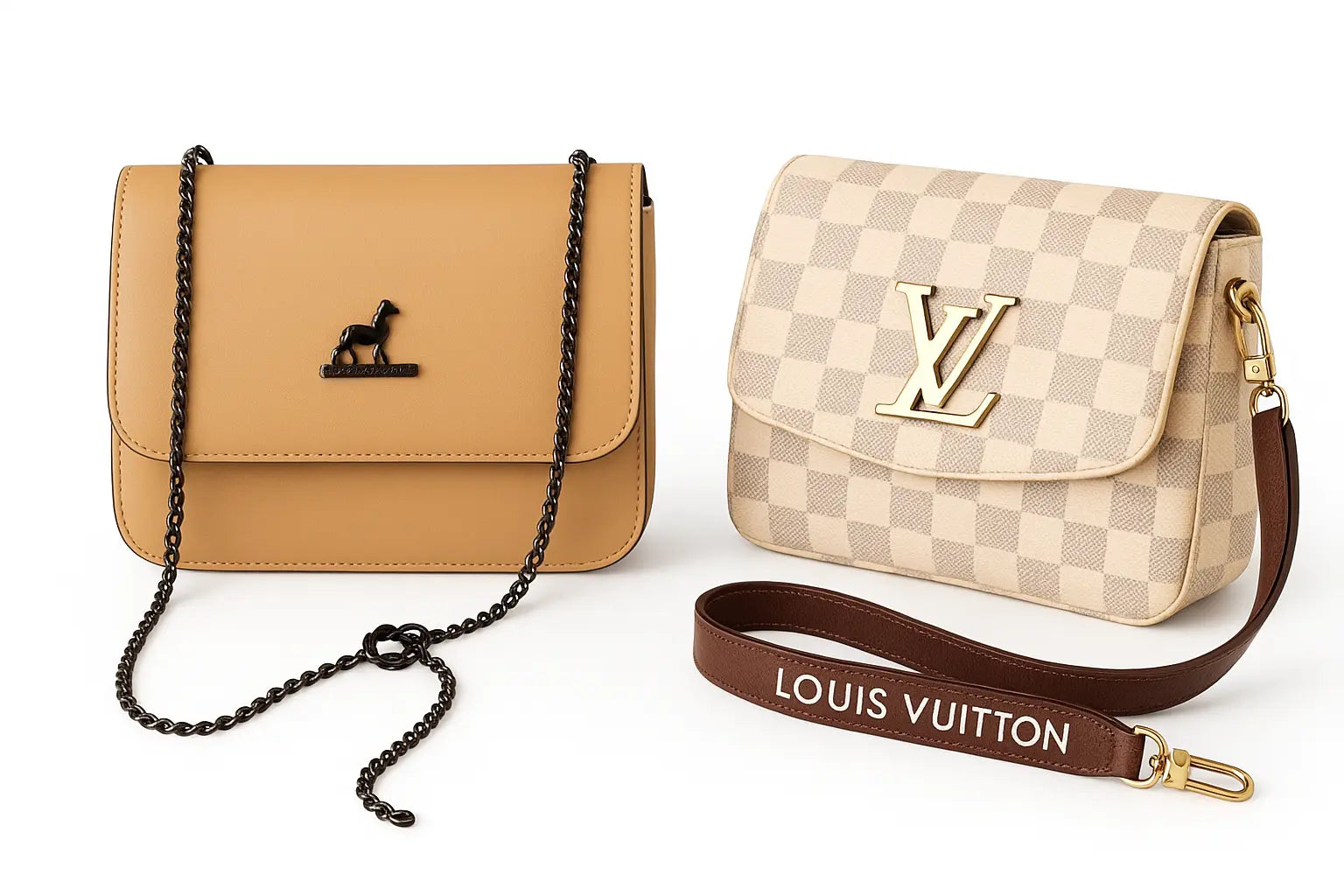 Two crossbody bags, one tan with a chain strap and the other checkered with a visible brand logo, on a white background.