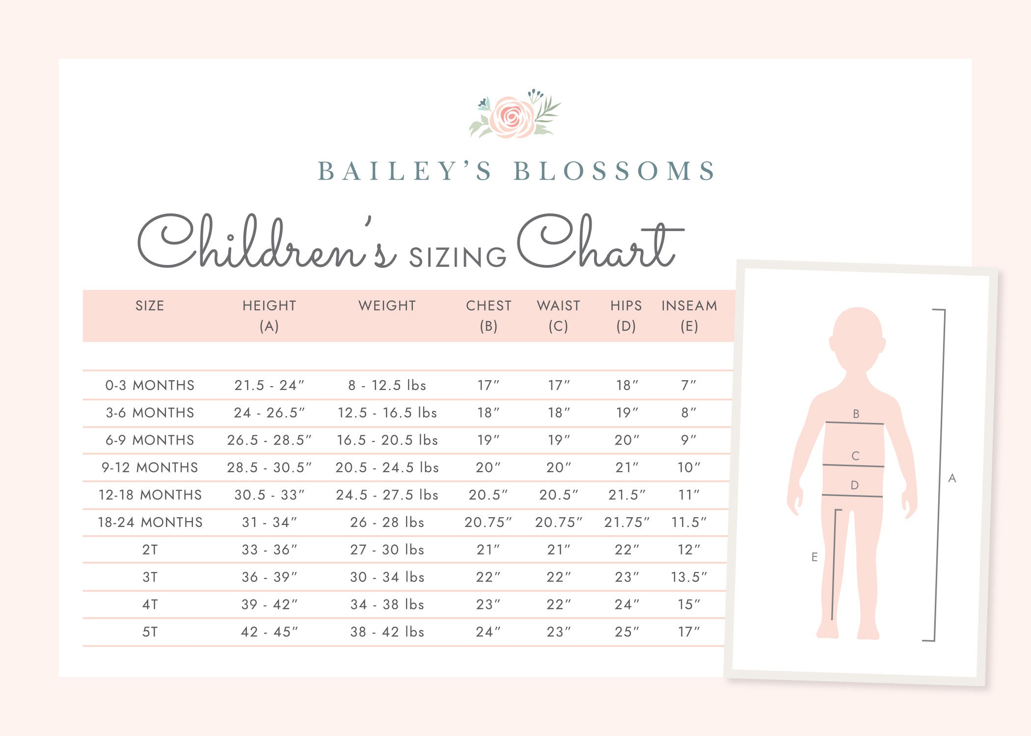 Bailey's Blossoms Sizing Chart