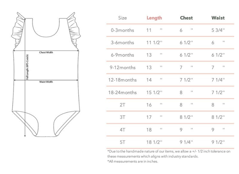 Bailey's Blossoms Child's Swimsuit Sizing Chart