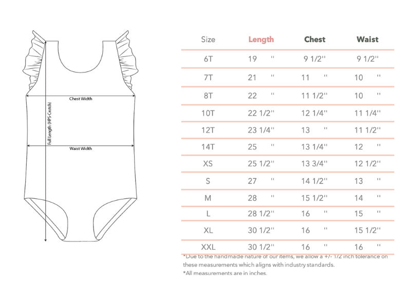 Bailey's Blossoms Tween & Women's Swimsuit Sizing Chart