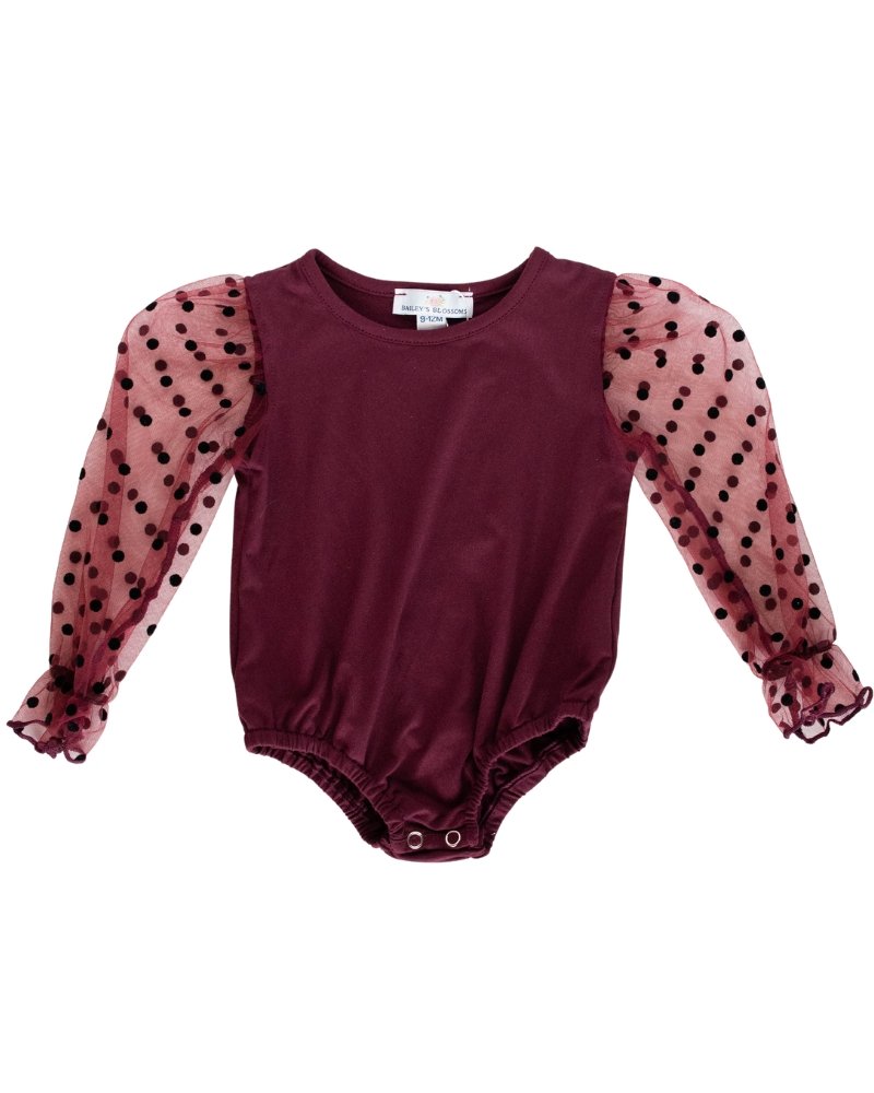 Image of Destinee Sheer Dot Sleeve Leotard - Wine