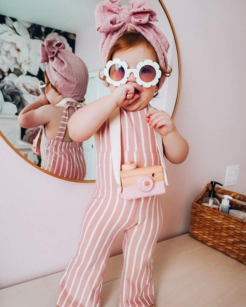 Image of Kellyn Bell Bottom Suspender Jumpsuit - Mauve Stripe