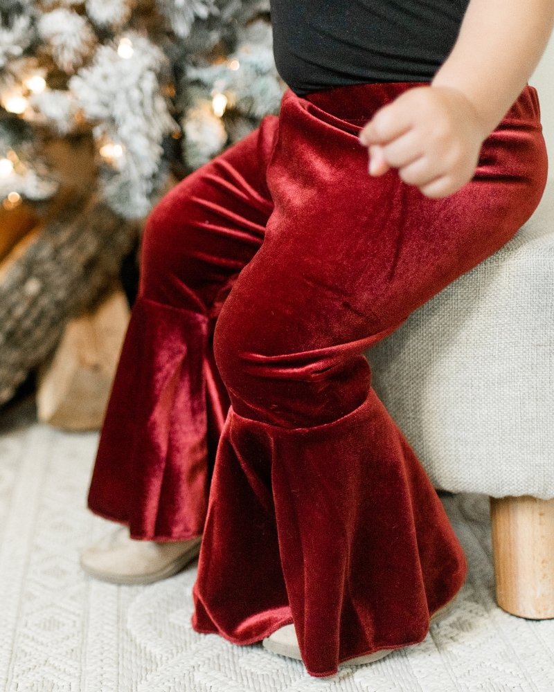 Image of Lina Pleated Velour Bell Bottoms - Wine