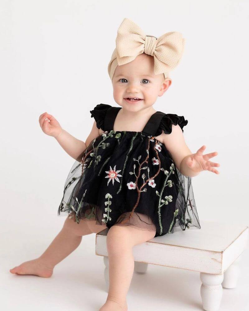 Image of Dixie Dress Romper - Black Floral Embroidery