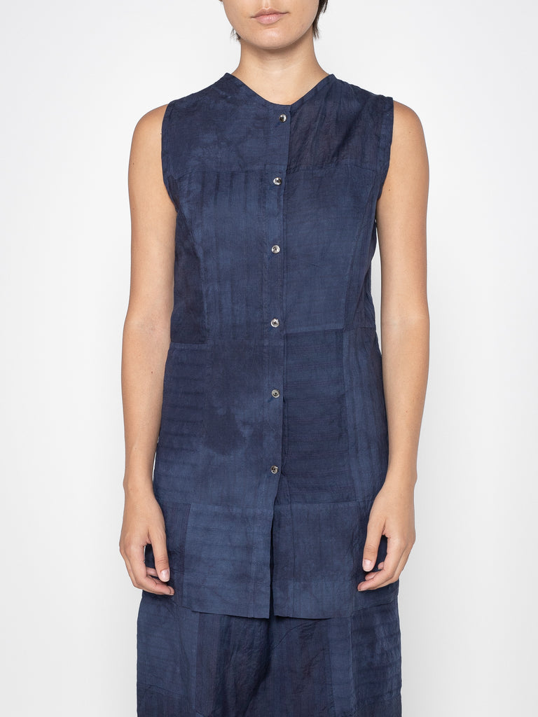 SLEEVELESS BUTTON DOWN, BLUE HAND DYE