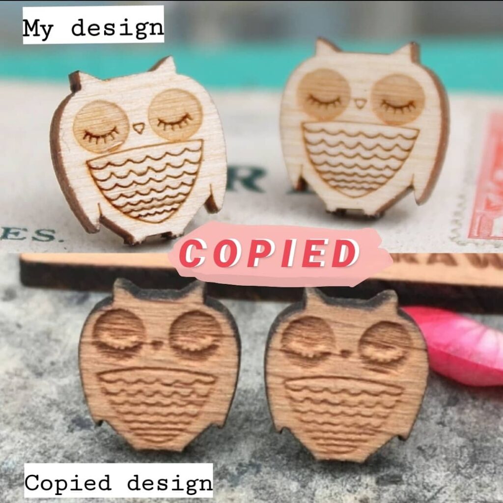 An image comparing two similar pairs of earrings. One is a beautifully designed owl made out of wood and the other you can clearly see has been made with less care and probably mass produced.