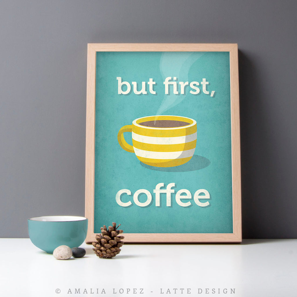 Download But First Coffee Yellow Coffee Print Latte Design PSD Mockup Templates