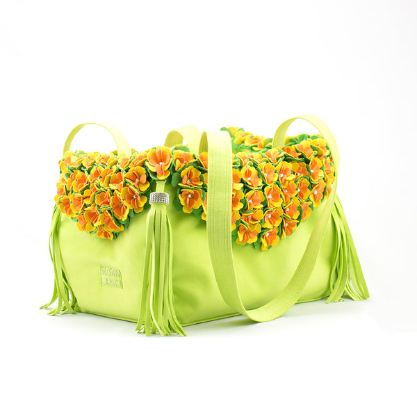 SUSAN LANCI LIMITED EDITION LUXURY CARRIER COLLECTION - ULTRASUEDE KIWI TINKIE'S GARDEN WITH TASSELS