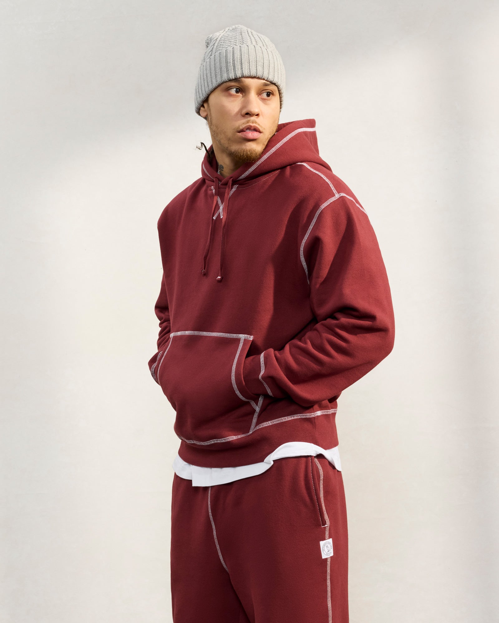 Contrast Stitch Hoodie - Burgundy