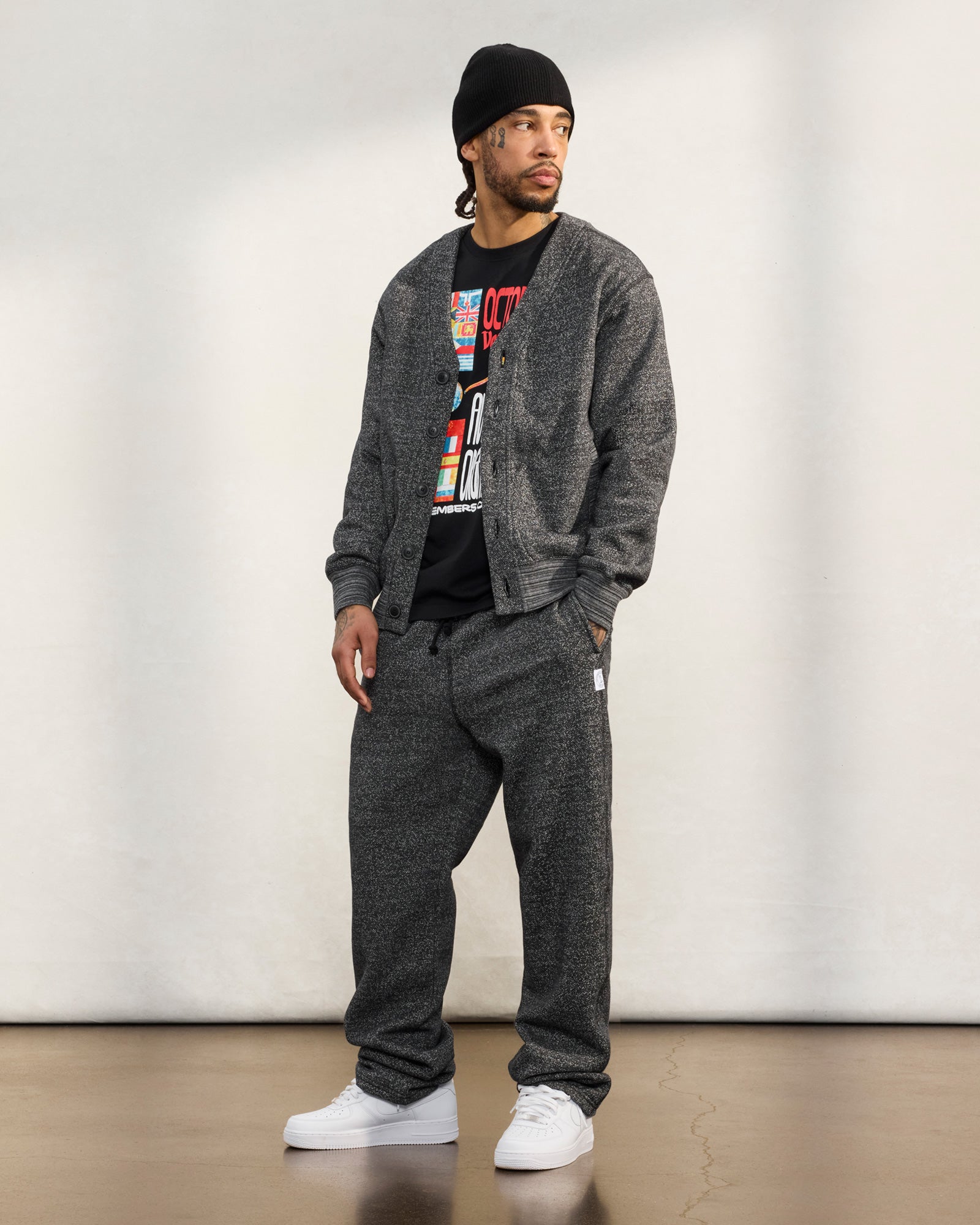 Speckle Fleece Open Hem Sweatpant - Black