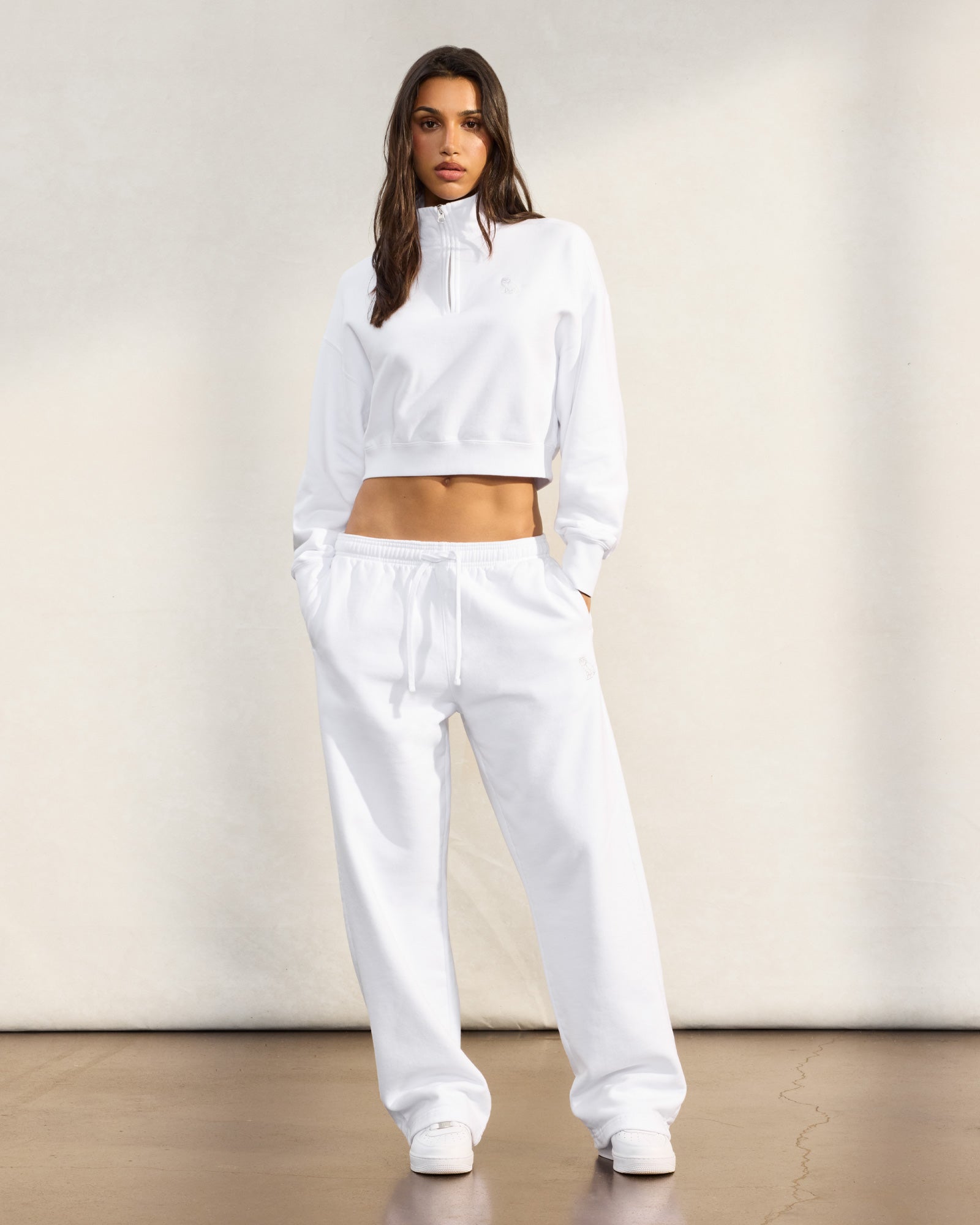 Cropped Quarter Zip Mock Neck Sweater - White