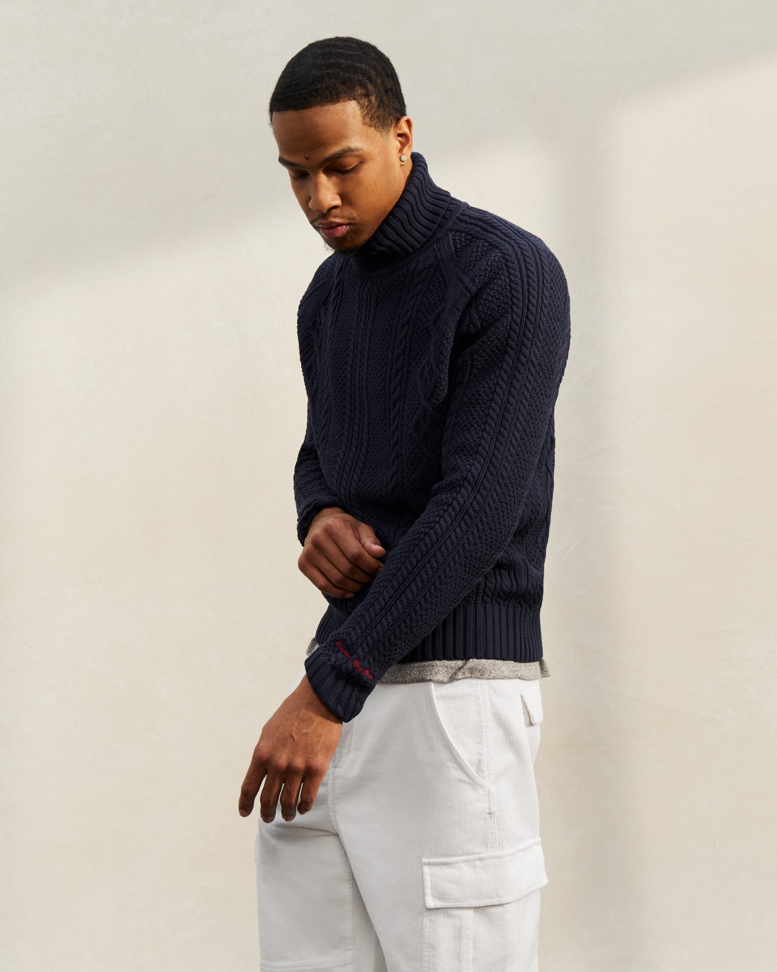 Cable Knit Turtleneck Sweater - Navy