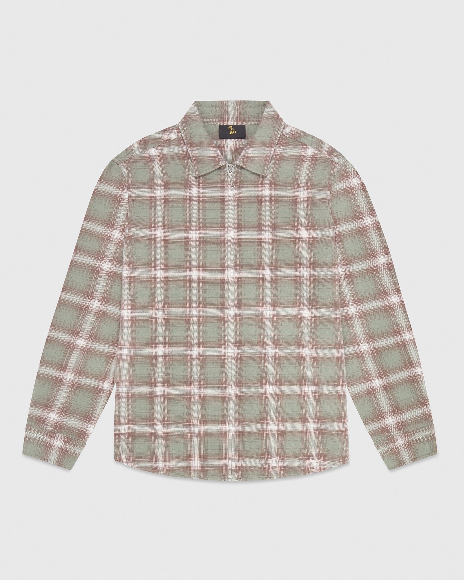 Zip Front Shadow Plaid Shirt - Green