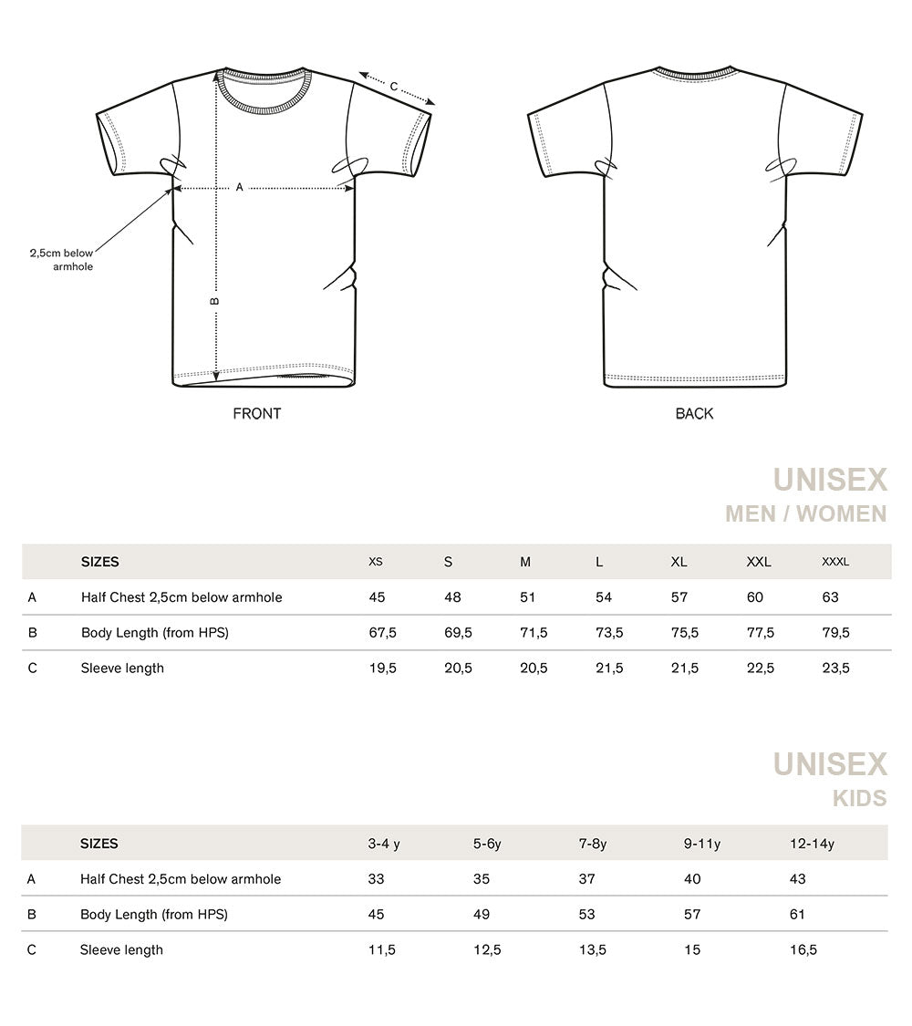 unisex t shirts sizing