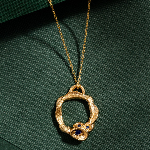 Blue Sapphire and Gold Vermeil Semi Precious Gemstone Necklace on Eternity Branch Pendant, September Birthstone
