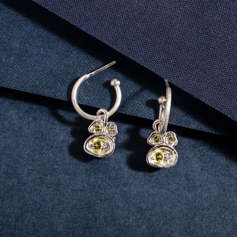 Peridot and Recycled Silver Semi Precious Gemstone Hoop Earrings, August Birthstone