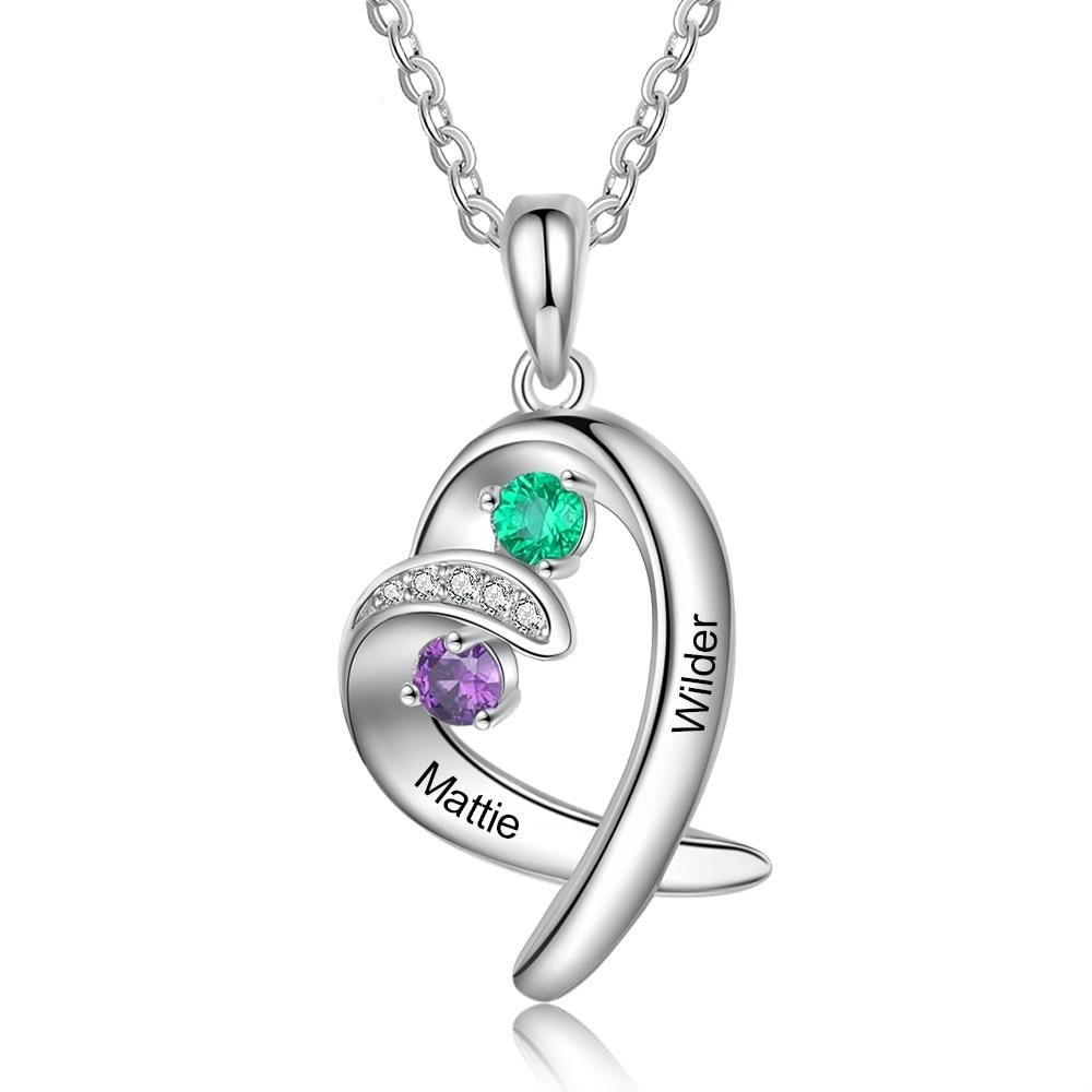 Romantic Personalized Name Heart Pendant with 2 Inlaid Birthstones Customized Engraving Couple Necklace Valentines Gift