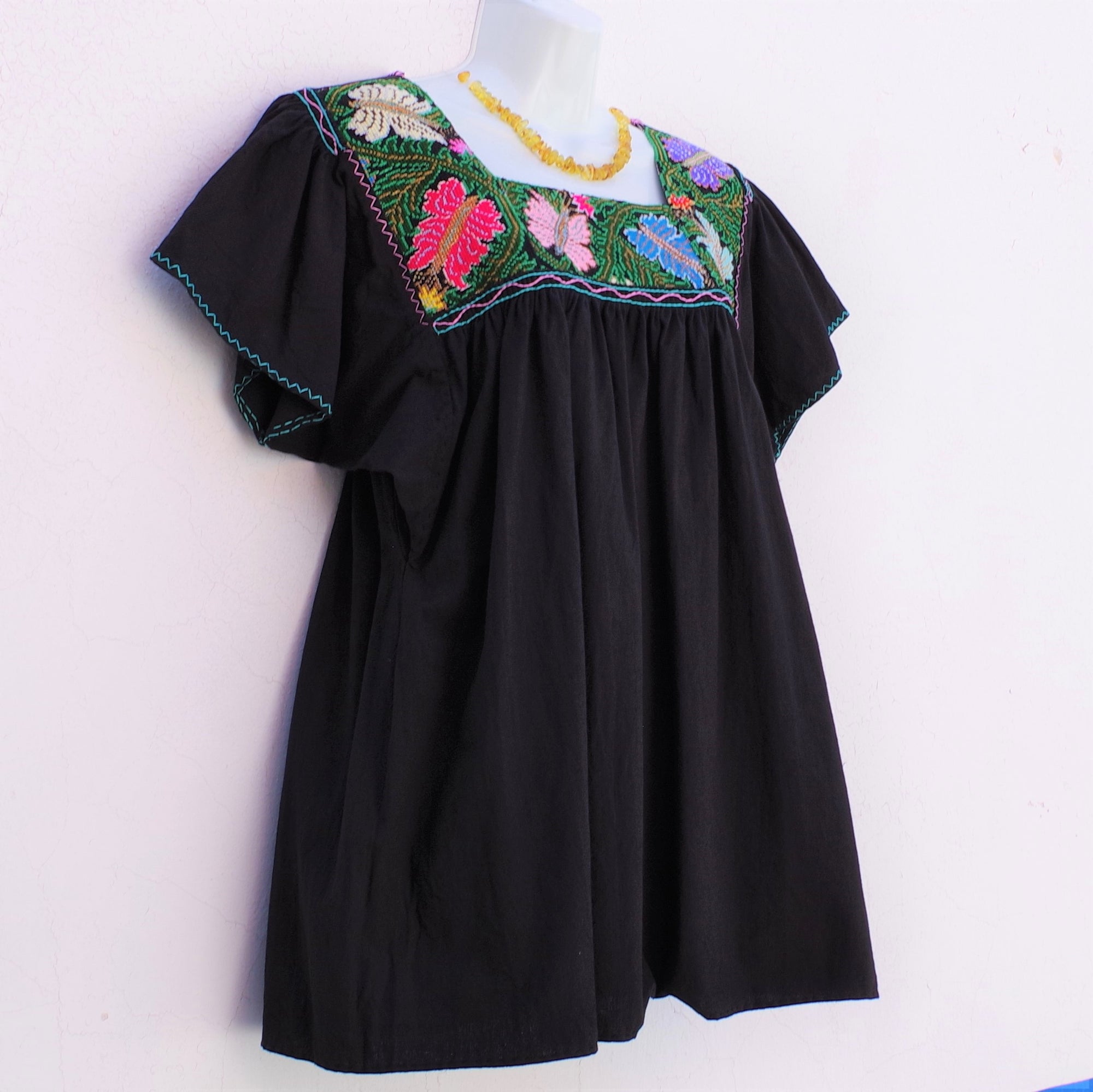 Black Mexican Huipil Vintage Blouse with Multi color Hand Embroidery f ...