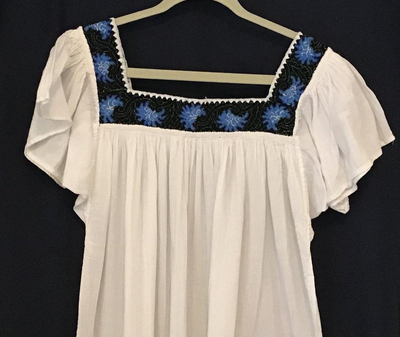 White Mexican Huipil Maxi Dress Vintage Embroidery Chiapas M, L - Mayan ...