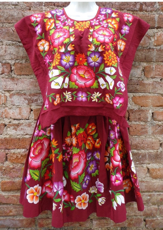 Tehuana Huipil Dress Embroidered from Oaxaca Vintage Mexican - Mayan Copal