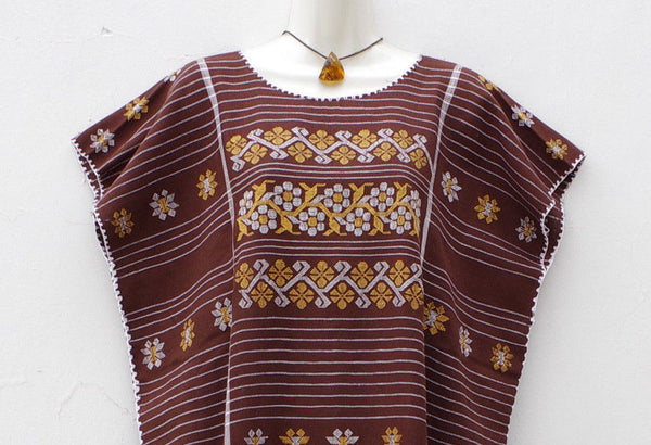 Mexican Women's Amuzgo Brown Dress Huipil Tunic Flowers Design XL/XXL ...