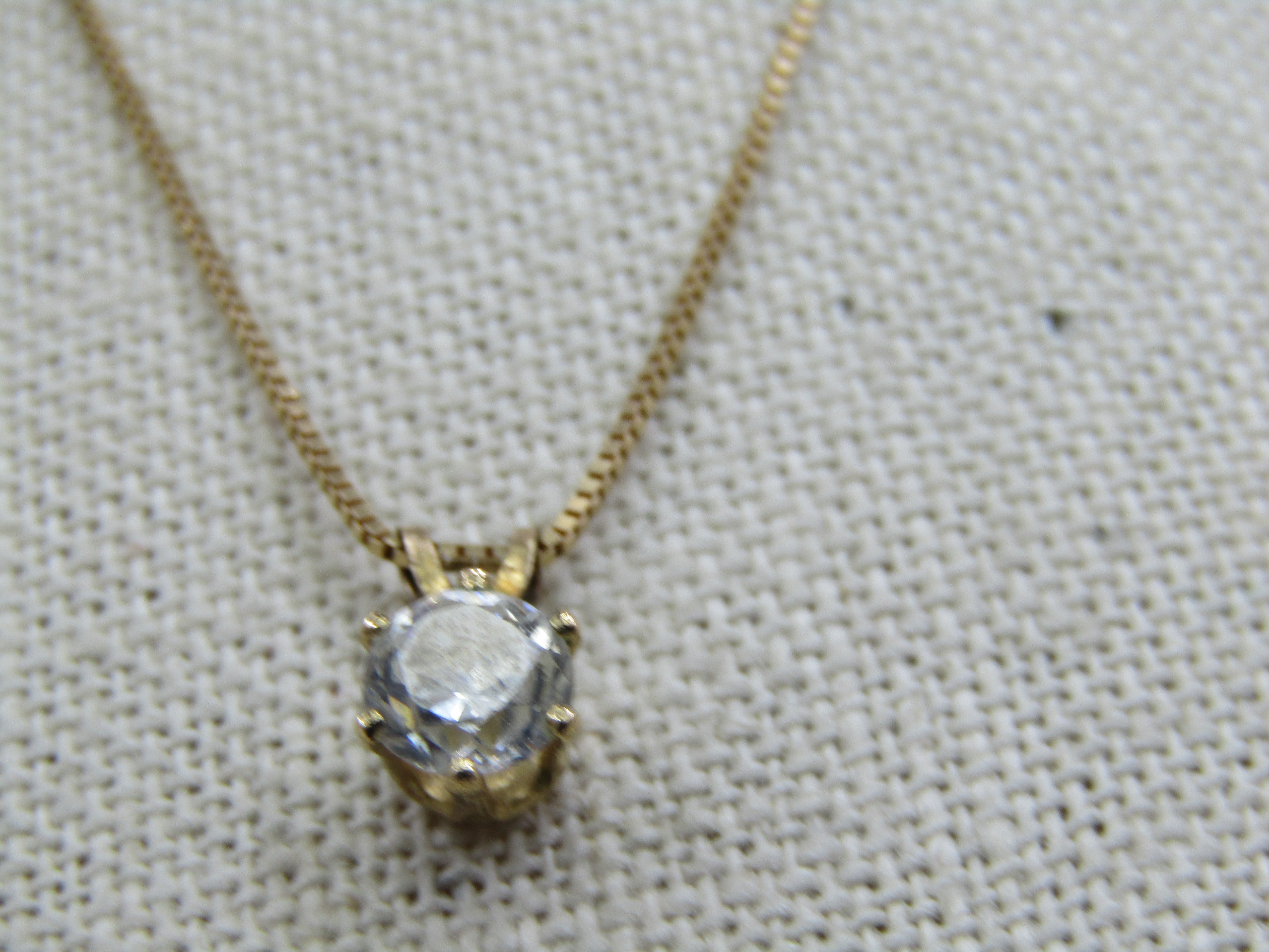 Vintage 10kt CZ Solitaire Necklace, 24", Box Chain, .8 mm