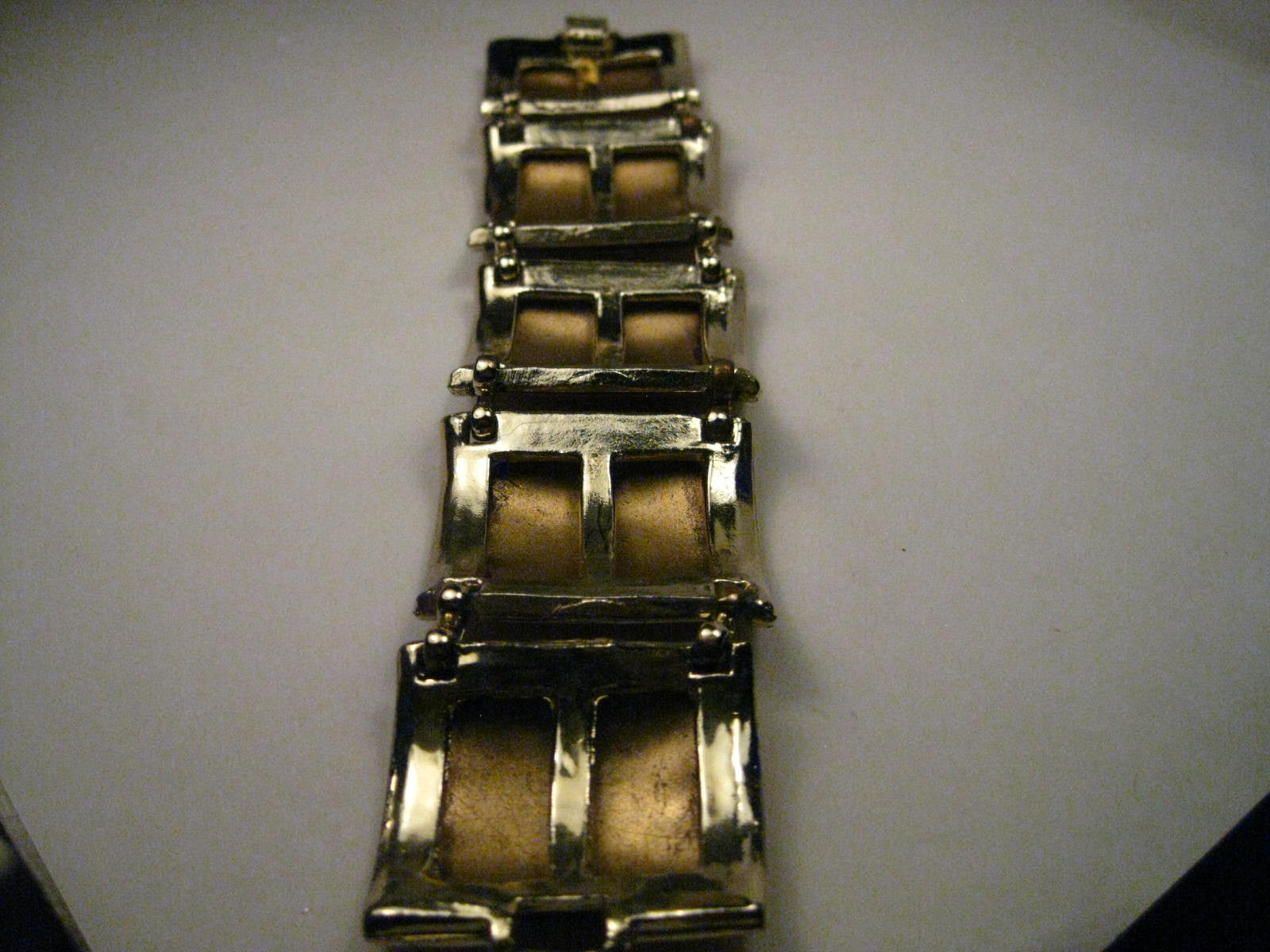 Vintage Gold Tone Wide Burnt Orange Leather Link Bracelet, 1970&